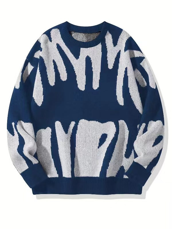 Men’s Crew Neck Graphic Knit Sweater Blue