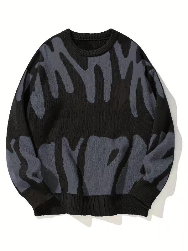 Men’s Crew Neck Graphic Knit Sweater Dark Grey